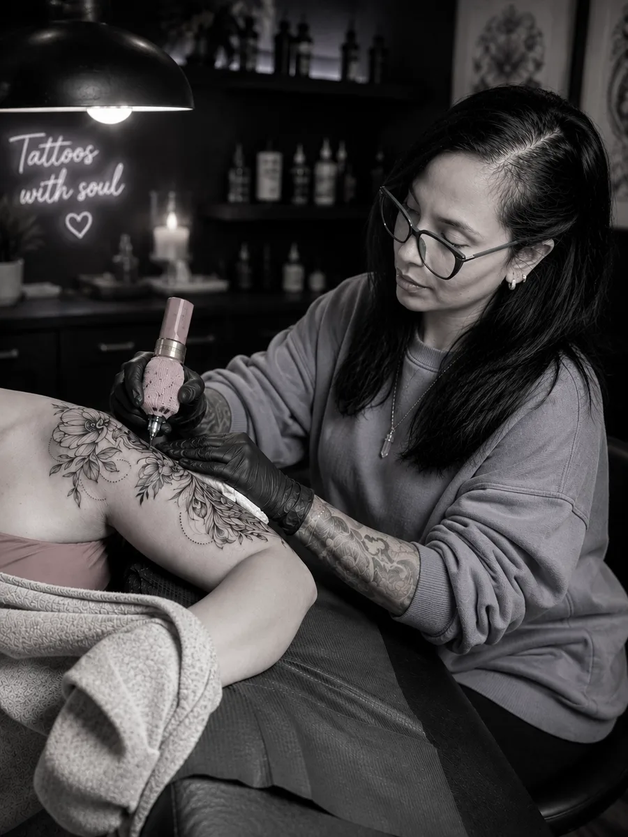 Nathy Fierro tattooing a fine line floral piece on a client's shoulder, under the Tattoos with soul neon sign in her Omaha studio