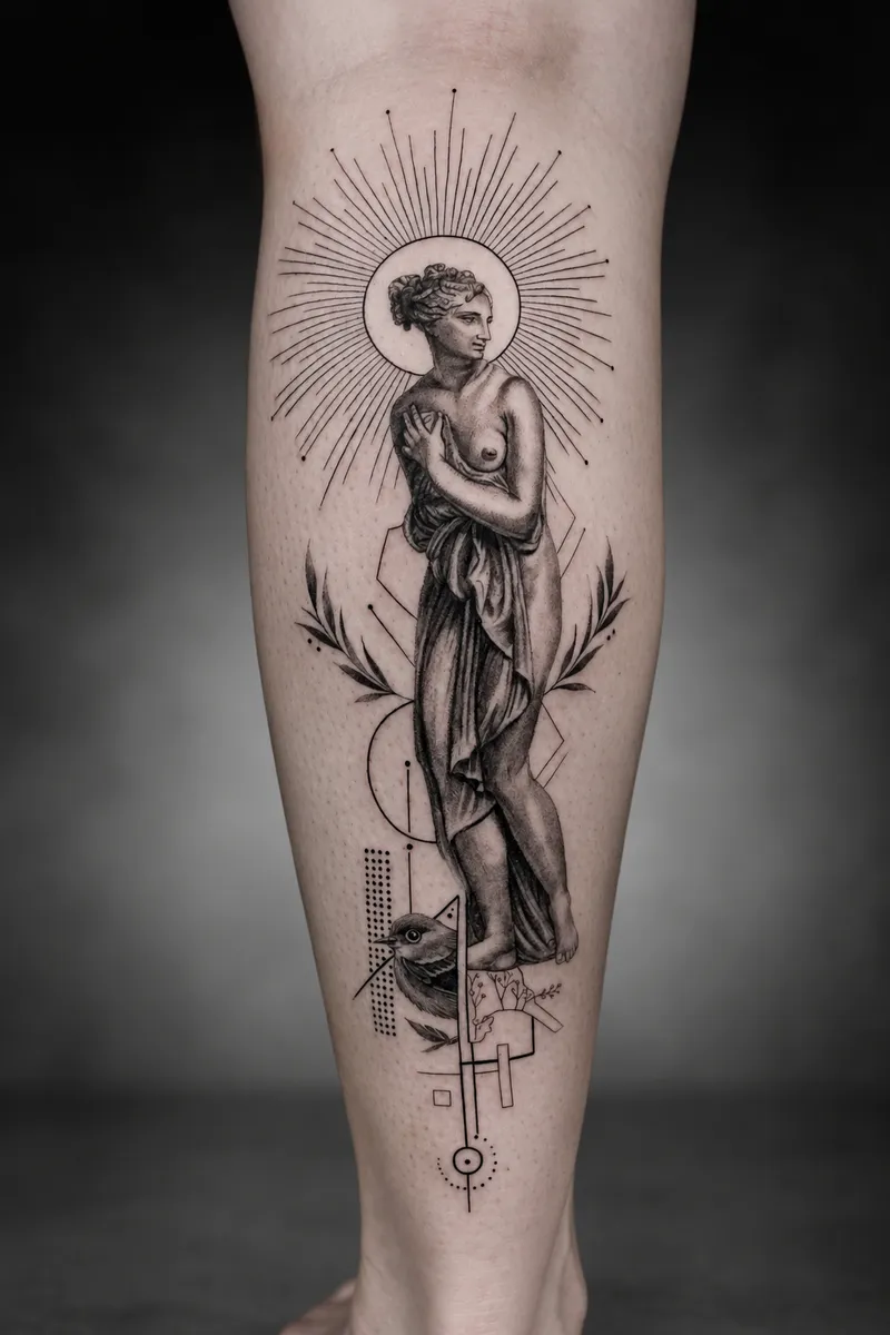 Black and grey praying figure with a radiant halo on the calf