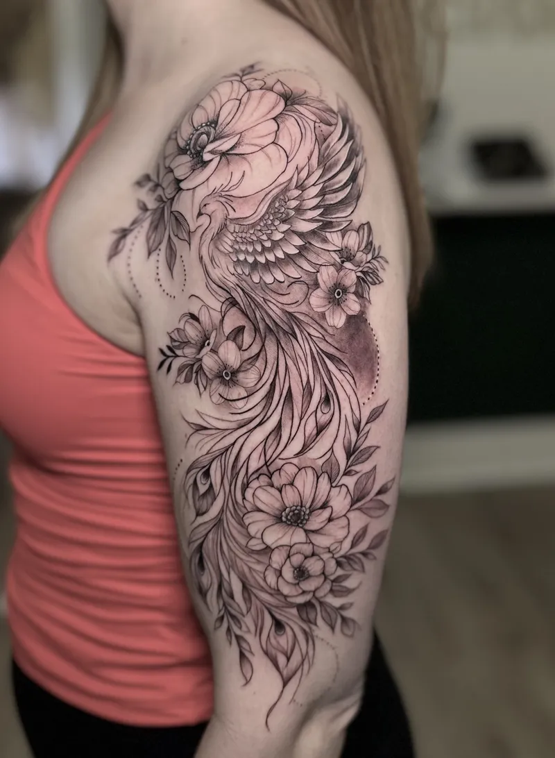 Black and grey floral shoulder with peonies and feathers