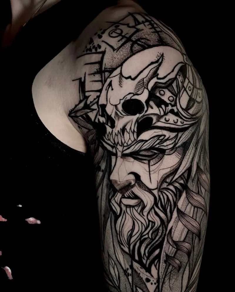 Blackwork bearded warrior under a horned skull on the shoulder