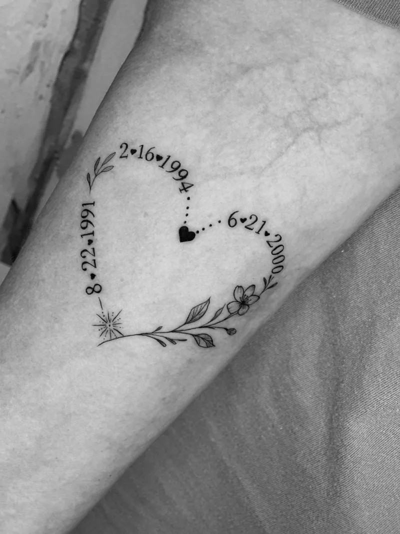 Fine line heart of dotted dates and leaves on the forearm