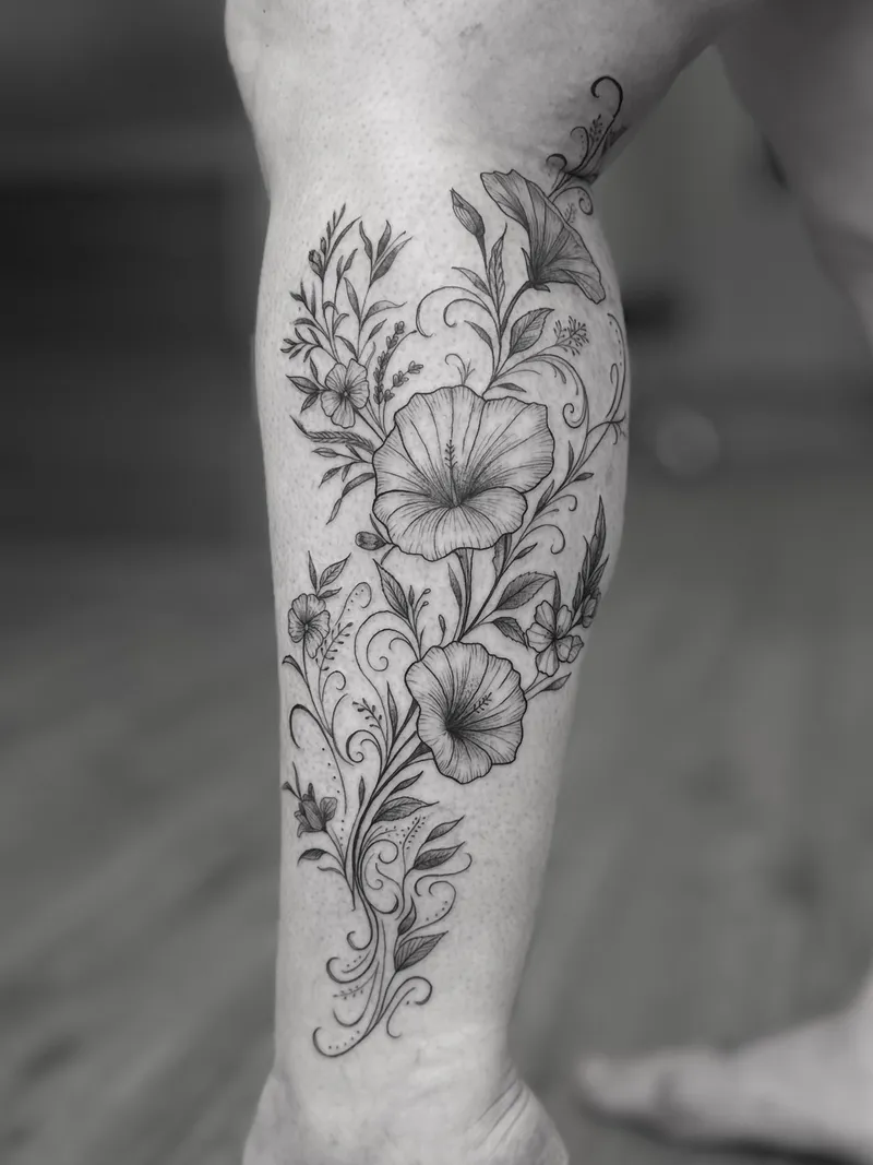 Fine line poppies and blossoms wrapping the calf
