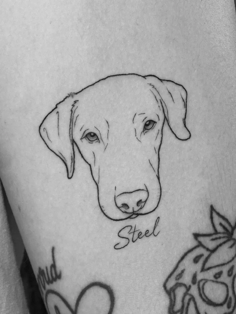 Fine line dog portrait outline with the name Steel