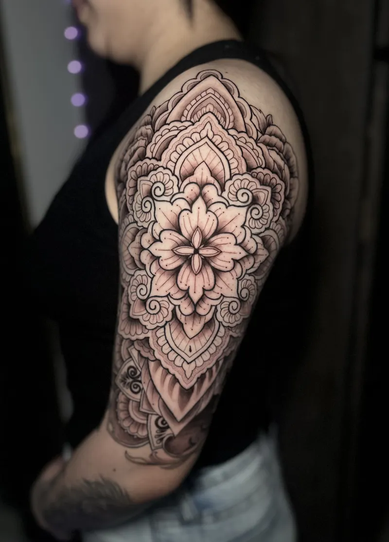 Dotwork mandala half sleeve with layered stippled shading