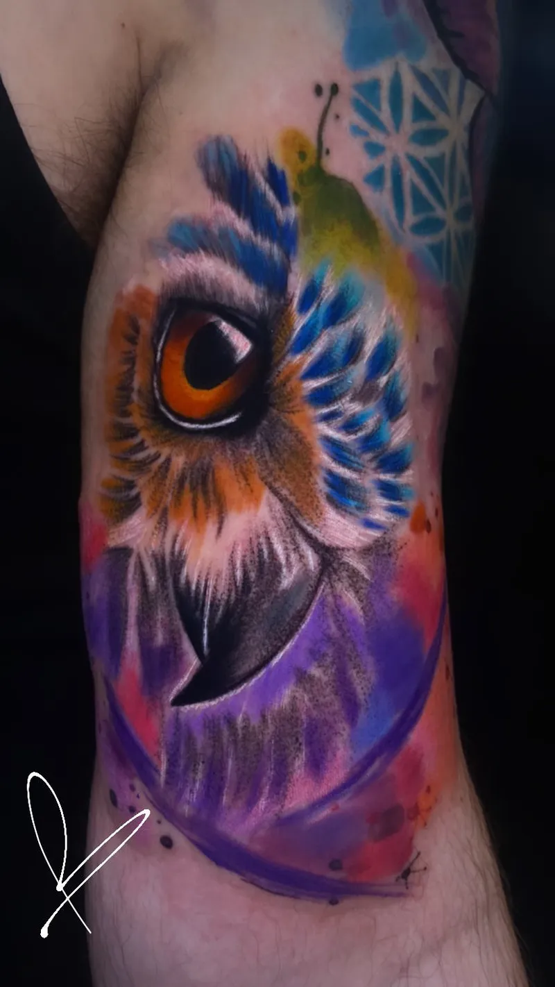 Watercolour owl in violet, blue and orange on the ribs