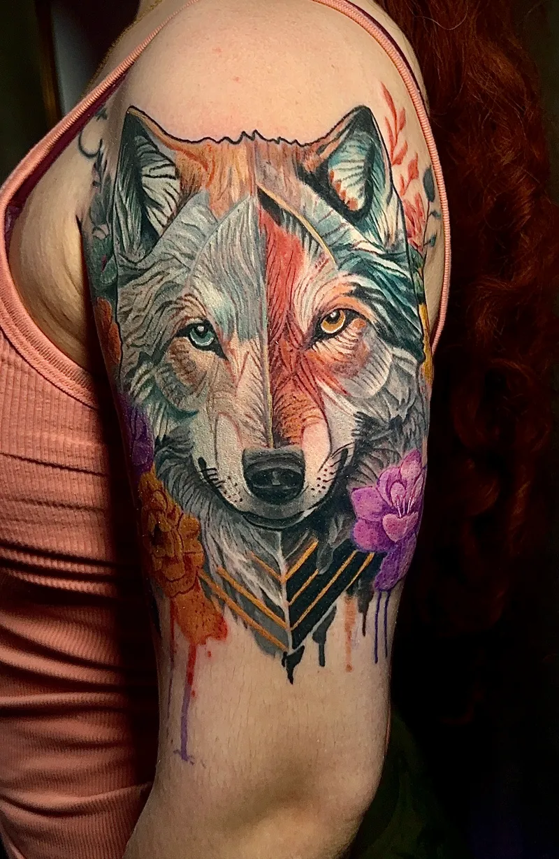 Watercolor wolf tattoo with orange and teal splashes on the shoulder